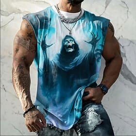 Men's  Reaper Ghostly Blue Glow Sleeveless T-Shirt All Over Print Dark Fantasy Tank Top Muscle Shirt Horror Graphic Streetwear Designer Clothing Apparel S M L