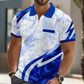 Men's Geometic Polo Shirts Short Sleeve Polo Shirts Collared Shirts Casual Outdoor Athleisure Holiday Pocket 3D Print Quarter Zip Polo Spring  Summer Blue Purp