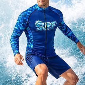 Men's Standard Rash Guard Swim Shirt Alphabet Geometric Color-blocking Zip Up UPF50 UV Protection Quick Dry Long Sleeve Swimwear Sun Shirt Surfing Canoeing Bea