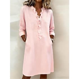 Women's Midi Dress Linen-feel Dresses Shift Dress Casual Daily Loose Fit Plain Long Sleeve V Neck Navy Pink Red Summer Spring Fall
