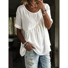 Women's T Shirt Pleats Rolled Cuff Solid Color Vintage Stylish Casual Short Sleeve Crew Neck Long Tops Daily Going out White Yellow Light Green Pink Sky Blue S