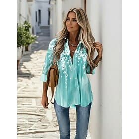 Women's Chiffon Shirt Light Gradient Floral Print Casual Button-Down Long Sleeve Lapel Collar Tops Blouse Breathable Relaxed Fit Multiple Sizes
