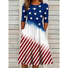 American Independence Day Women's Midi Dress Shift Dress Casual Daily Summer Dress Spring Dress Regular Fit Floral Stars and Stripes 3/4 Length Sleeve Crew Nec