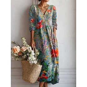 Women's Midi Dress Sundress A Line Dress Vacation Casual Boho Holiday Loose Fit Floral Graphic Color Block Long Sleeve V Neck Pink Orange Green Summer Spring