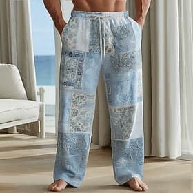 Men's Color Block Patchwork Intricate Floral Trousers Casual Pants Baggy Pants Mid Waist Boho Home Outdoor Vacation Elastic Drawstring Waist Linen-Like Pants w