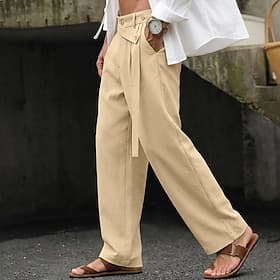 Men's Linen Pants Trousers Summer Pants Baggy Pants Straight Leg Plain Comfort Breathable Full Length Casual Daily Beach Vacation Fashion Blue Black Inelastic