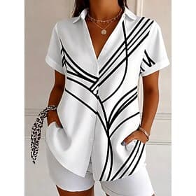 Women's Shirt Short Sleeve Graphic Geometric Vintage Daily Stylish Shirt Collar Regular Tops Daily Black And White Black White Yellow Pink Summer Spring