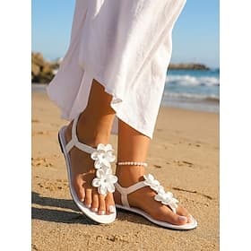 Women's Romantic White Flower Sandals - Comfortable Flat Summer Slides with 3D Floral Decor  Elastic Back Strap for Beach Vacations, Island Weddings  Tropical