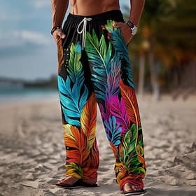 Men's Colorful Palm Leaf Tropical Plants Trousers Baggy Pants Casual Pants Mid Waist Hawaiian Outdoor Vacation Beach Wear Elastic Drawstring Waist Linen-Like P