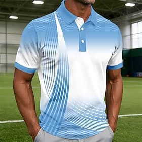 Men's Geometic Line Polo Shirts Short Sleeve Polo Shirts Collared Shirts Casual Athleisure Buttons Spring  Summer Blue Pink Purple