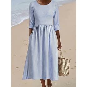 Women's Midi Dress Casual Dress Cotton Dress Fashion Modern Outdoor Vacation Holiday Regular Fit Striped 3/4 Length Sleeve Crew Neck Light Blue Summer Spring