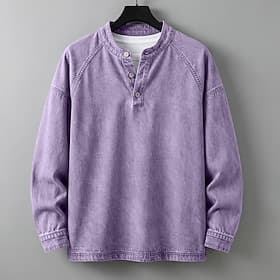 SoftFade™ Men's T Shirt Henley Shirt 100% Cotton Acid Wash Shirt Tee Top Long Sleeve Plain Solid Vintage Streetwear Casual Garment Dyed Faded Washed Stand Coll
