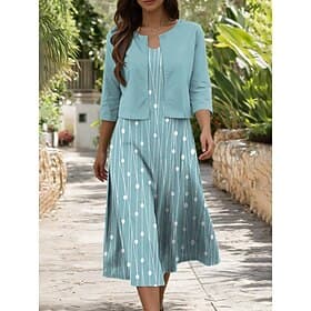Women's Dress Set A Line Dress Elegant Casual Graphic Geometry Layered Print Midi Dress Half Sleeve V Neck Daily Blue Pink Purple Summer Spring Regular Fit
