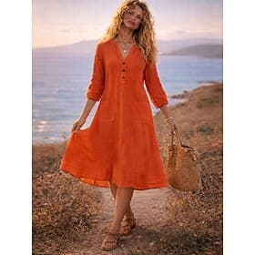 Women's Midi Dress Linen-feel Dresses Shirt Dress Casual Dress Classic Modern Outdoor Vacation Holiday Regular Fit Plain Long Sleeve V Neck Black Purple Orange