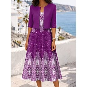 Damen Kleid-Set A Linie Kleid Elegant Lässig Grafik Geometrisch Geschichtet Druck Midikleid Halbarm V Ausschnitt Täglich Blau Rote Purpur Sommer Frühling Norma