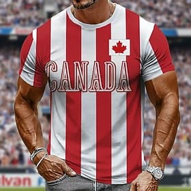 2026 Soccer Cup Canada National Team Red White Vertical Stripes CANADA Lettering Casual Men's Short Sleeve T-Shirt All Over Print Muscle Fit Game Day Fan Wear