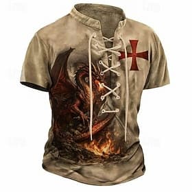 Men's Crusaders Epic Fire Dragon Knights Templar Fantasy T-Shirt All Over Print Lace-up V Neck Retro Short Sleeve Top Mythical Creature Streetwear Designer Clo