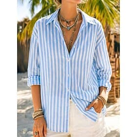 Women's Shirt Linen-feel Shirts Button Down Shirt Blouse Striped Stylish Classic Modern Long Sleeve Lapel Regular Tops Daily Holiday Going out Blue Yellow Pink
