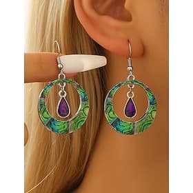 Women's Bohemian Alloy Earrings with Purple Teardrop, Colorful Round Design, Perfect for Daily Casual Wear  Beach Vacations
