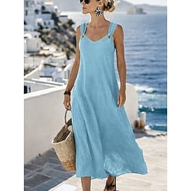 Women's Maxi Dress Linen-feel Dresses A Line Dress Summer Dress Casual Daily Loose Fit Plain Sleeveless V Neck Blue Black White Yellow Summer