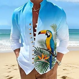 Herren Farbverlauf Palmblatt Tukane Hawaiihemden Alohahemd Stehkragenhemd Langarm Hawaiianisch Alltagstauglich Strandurlaub Sommer Frühling Mandarinkragen 3D-D