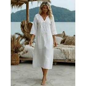 Women's Midi Dress Linen Dress Casual Dress Elegant Fashion Modern Outdoor Vacation Going out Regular Fit Plain Half Sleeve V Neck White Summer Spring