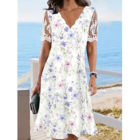 Women's Floral Lace Print Scalloped Neck Lace Sleeve Midi Dress Daily Vacation Short Sleeve Summer Spring