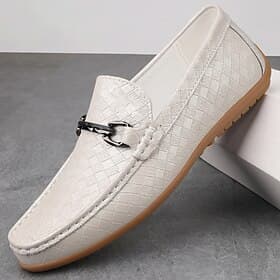 Men's White Croc-Embossed Loafers Slip-On Casual Dress Shoes with Metal Bit for Weddings, Resort Parties, Yacht Events, Business Casual, Summer Smart Casual Lo