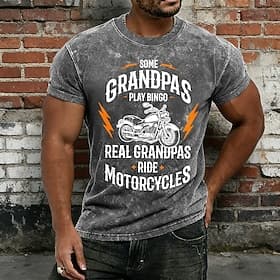 Vintage T-shirt voor heren met acid wash-effect en motorprint Echte opa's rijden motor, grappig cadeau voor motorrijders, katoen-polyester mix, mineral wash, d