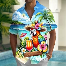 Men's Parrot Tropical Plants Flowers Summer Hawaiian Shirt Button Up Shirt Aloha Shirt Short Sleeve Hawaiian Vacation Summer Spring Turndown 3D Print Collared