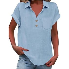 Dames Overhemd Blouse Katoenen shirt Knop Effen Kleur Vintage Klassiek Modern Korte mouw Overhemdkraag Normale tops Dagelijks Feestdagen Uitgaan Wit Geel Marin