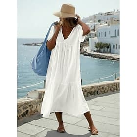 Women's Midi Dress 100% Cotton Cotton Linen Dress Fashion Modern Outdoor Vacation Holiday Loose Fit Plain Short Sleeve V Neck Blue Black White Light Green Summ