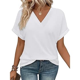 Femmes T-shirt Uni Mode Élégant Classique Manche Courte Col en V Hauts Réguliers Quotidien Sortir Week-end Bleu Noir Blanche Rouge Été Printemps