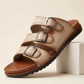 Men's Beige Triple Buckle Slide Sandals Open-Toe Casual Slippers Adjustable Comfort Summer Shoes for Beach Vacation, Resort Wear, Travel, Home Use, Outdoor Lei