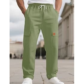 Men's Linen Pants Trousers Summer Pants Beach Pants Drawstring Elastic Waist Solid Color Comfort Breathable Full Length Daily Outdoor Beach Vacation Fashion Bl