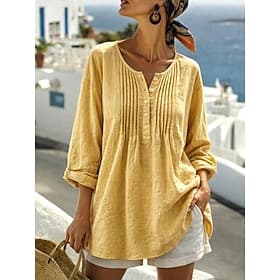 Women's Cotton Linen Shirts Blouse Solid Color Daily Stylish Basic Long Sleeve Crew Neck Regular Tops Daily Black White Yellow Pink Navy Blue Summer Spring Fal