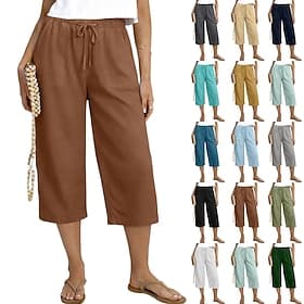 Femmes Pantalon capri Shorts d'été Pantacourt Pantacourt en lin Mode Basique Longueur mollet Taille moyenne Uni Cordon de serrage Avec Poches Taille Élastique