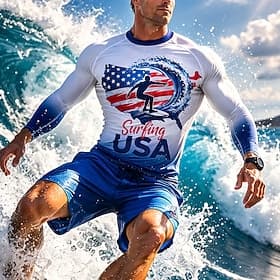 Men's Standard America's 250th Anniversary Independence Day Rash Guard Swim Shirt Alphabet National Flag UPF50 UV Protection Quick Dry Long Sleeve Swimwear Sun