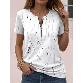 Women's T Shirt Zipper Graphic Geometric Abstract Vintage Hawaiian Stylish Short Sleeve Crew Neck Regular Tops Daily Sports Weekend Blue White Pink Purple Gree