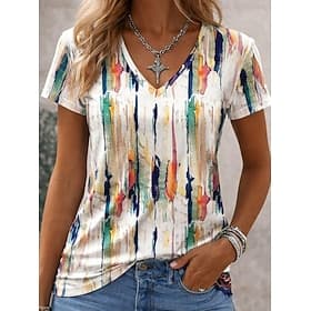 Femmes T-shirt Imprimé Graphique Rayé Abstrait Élégant Classique Occasionnel Manche Courte Col en V Hauts Longs Quotidien Marron et blanc Gris / Blanc Blanche