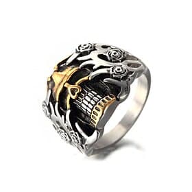Men's Stainless Steel Gothic Skull Ring, Multi-Size Biker Punk Statement Band with Floral Detail, Bold Fashion Jewelry for Casual Wear, Travel, Vacation and Ha
