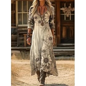 Women's Maxi long Dress Vintage Dress Casual Dress Vintage Daily Outdoor Vacation Regular Fit Floral Long Sleeve V Neck Khaki Spring Autumn