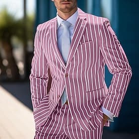 Men's Graduation Blazer Business Cocktail Party Wedding Party Fashion Casual Spring   Fall Polyester Stripes Pocket Buttons Comfortable Single Breasted Blazer