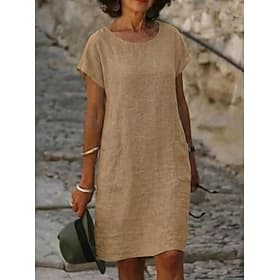 Women's Mini Dress Faux Cotton Linen Shift Dress Casual Dress T Shirt Dress Tee Dress Basic Casual Daily Vacation Regular Fit Plain Short Sleeve Crew Neck Blue
