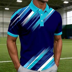 Men's Geometic Line Polo Shirts Short Sleeve Polo Shirts Collared Shirts Casual Athleisure Buttons Summer Spring Blue Lake blue Green