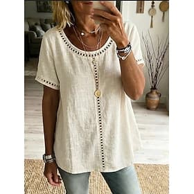 Women's Linen-feel T Shirt Tee Top Hole Plain Fashion Stylish Classic Short Sleeve Crew Neck Regular Tops Daily Going out Weekend Blue Black White Yellow Pink