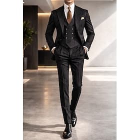 Uomo Completi Matrimonio Blu Nero Primavera, Autunno, Inverno, Estate Tuta A lancia A righe Vestibilità su misura 3 pezzi Monopetto Due Bottoni