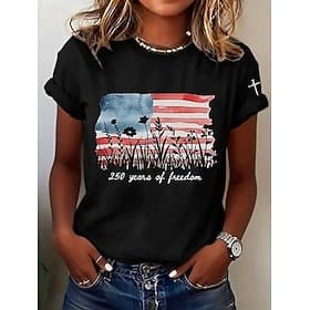 American Independence Day Women's T Shirt Print Graphic Letter American Flag Vintage Stylish Classic Short Sleeve Crew Neck Regular Tops Daily Black White Summ