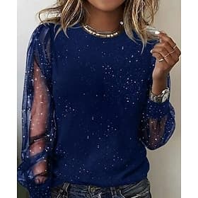 Women's Sequin Sparkly Party Glitter Patchwork Mesh Plain Fashion Modern Casual Long Sleeve Crew Neck Regular Tops Daily Weekend Blue Black Wine Fall Winter