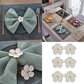Flower Napkin Rings Set of 6, White Floral Napkin Ring Holders with Gold Base, Elegant Metal Napkin Buckles for Wedding Party Table Setting Dinner, Farmhouse H
